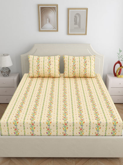 Dreamscape 100% Cotton 140 TC Floral Bedsheet Set - Colour: Beige
