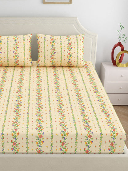 Dreamscape 100% Cotton 140 TC Floral Bedsheet Set - Colour: Beige