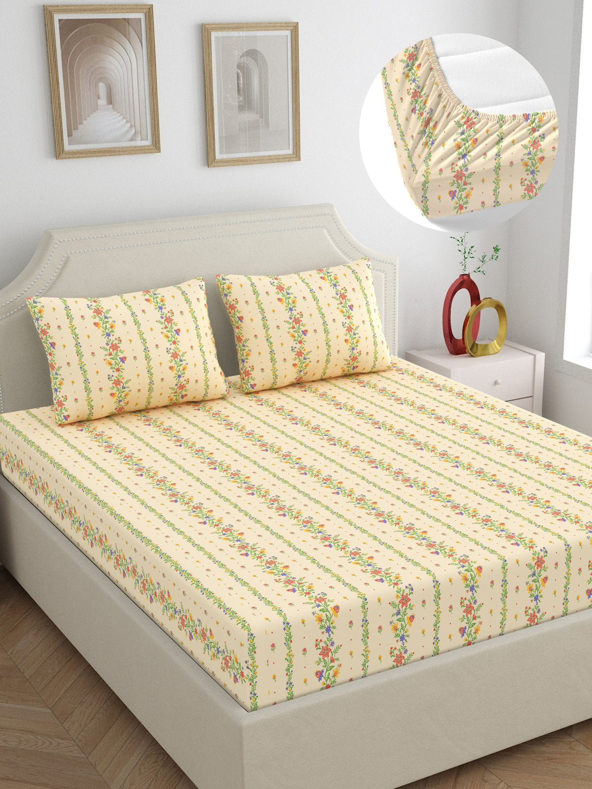 Dreamscape 100% Cotton 140 TC Floral Bedsheet Set - Colour: Beige