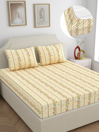 Dreamscape 100% Cotton 140 TC Floral Bedsheet Set - Colour: Beige