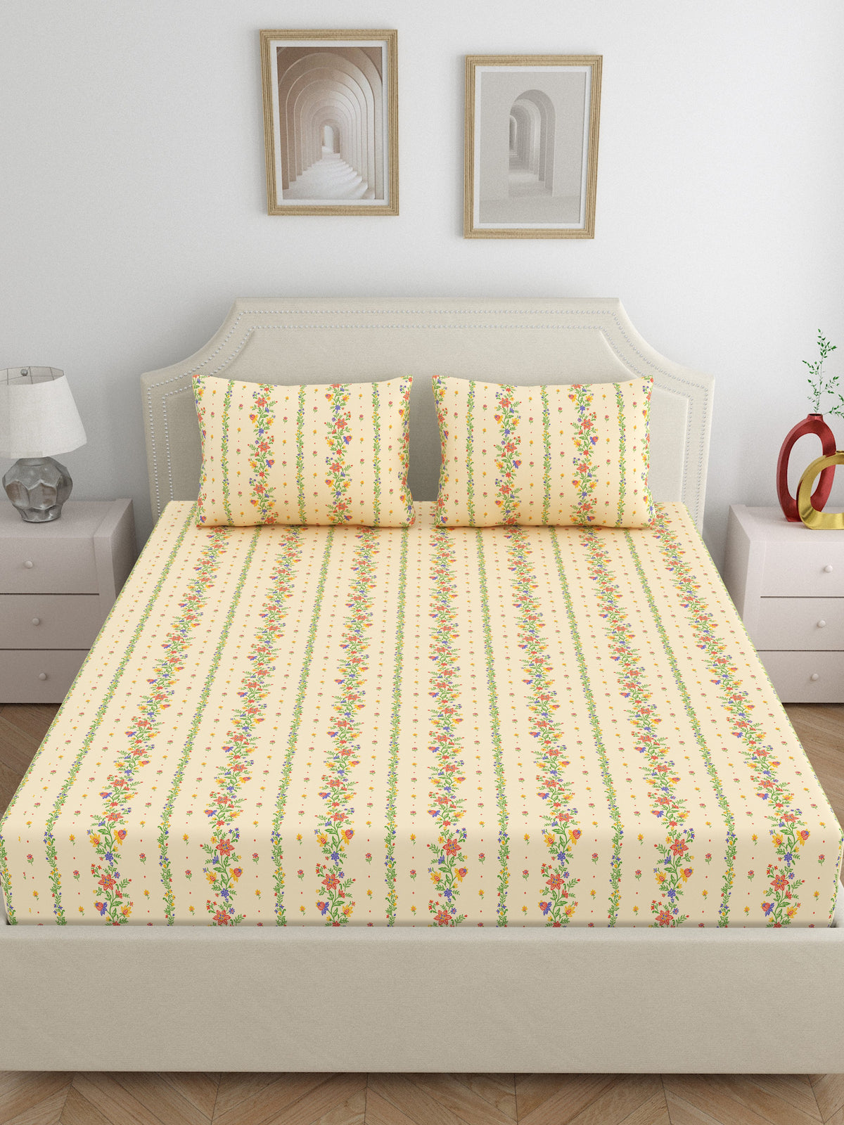 Dreamscape 100% Cotton 140 TC Floral Bedsheet Set - Colour: Beige
