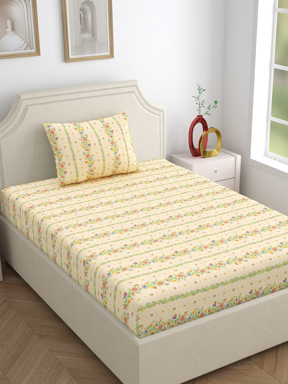 Dreamscape 100% Cotton 140 TC Floral Bedsheet Set - Colour: Beige