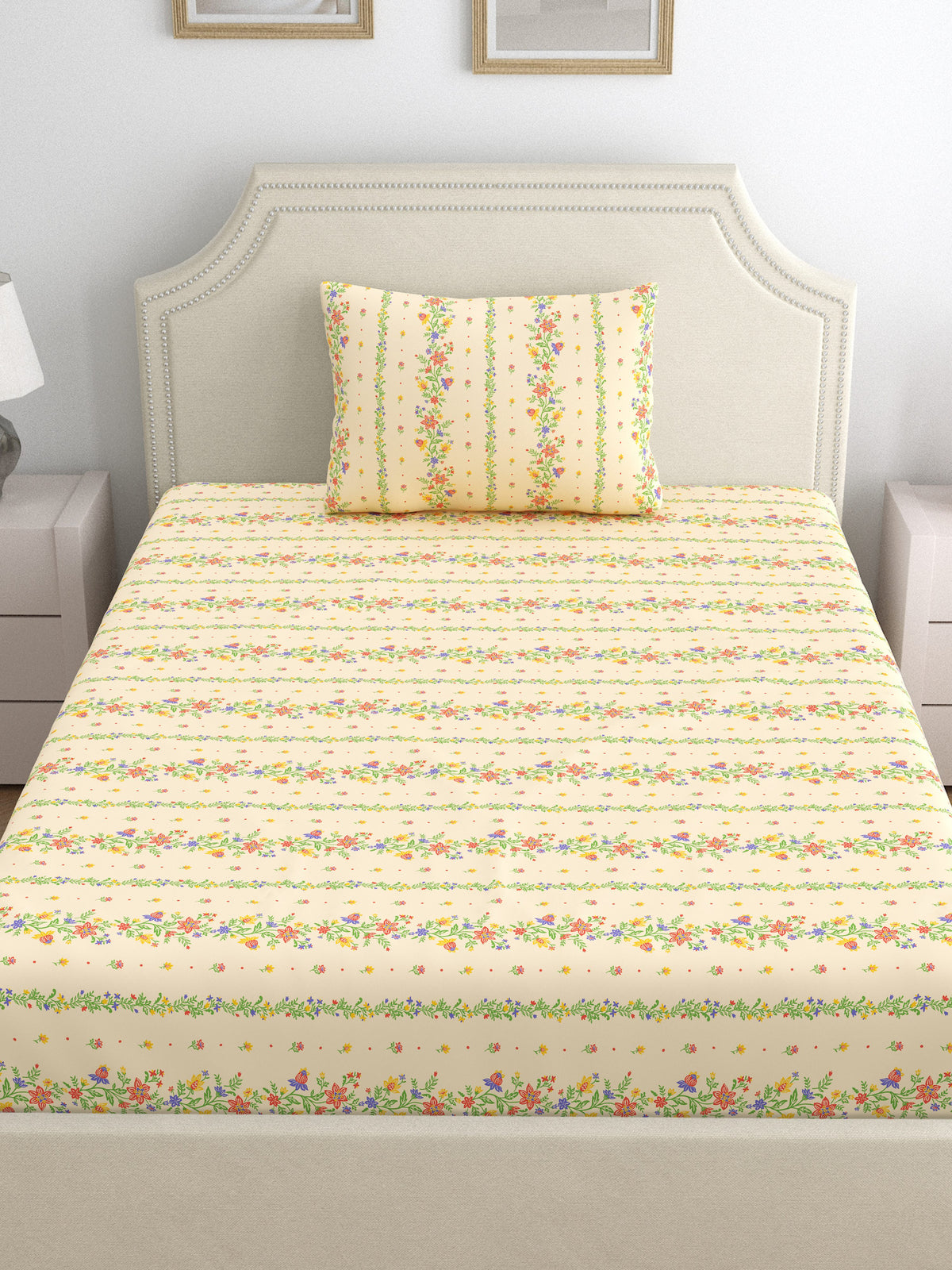 Dreamscape 100% Cotton 140 TC Floral Bedsheet Set - Colour: Beige