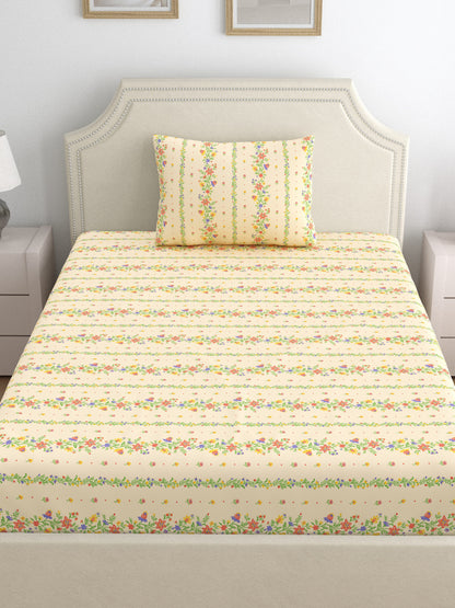 Dreamscape 100% Cotton 140 TC Floral Bedsheet Set - Colour: Beige