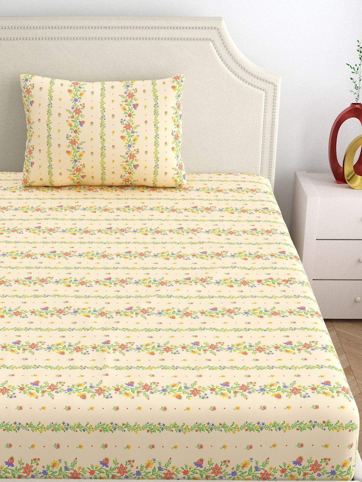 Dreamscape 100% Cotton 140 TC Floral Bedsheet Set - Colour: Beige