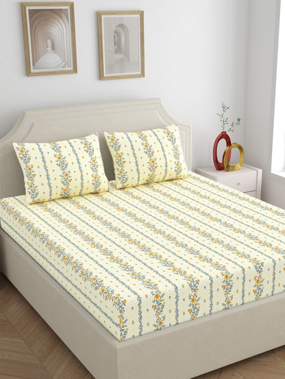 Dreamscape 100% Cotton 140 TC Floral Bedsheet Set - Colour: Yellow