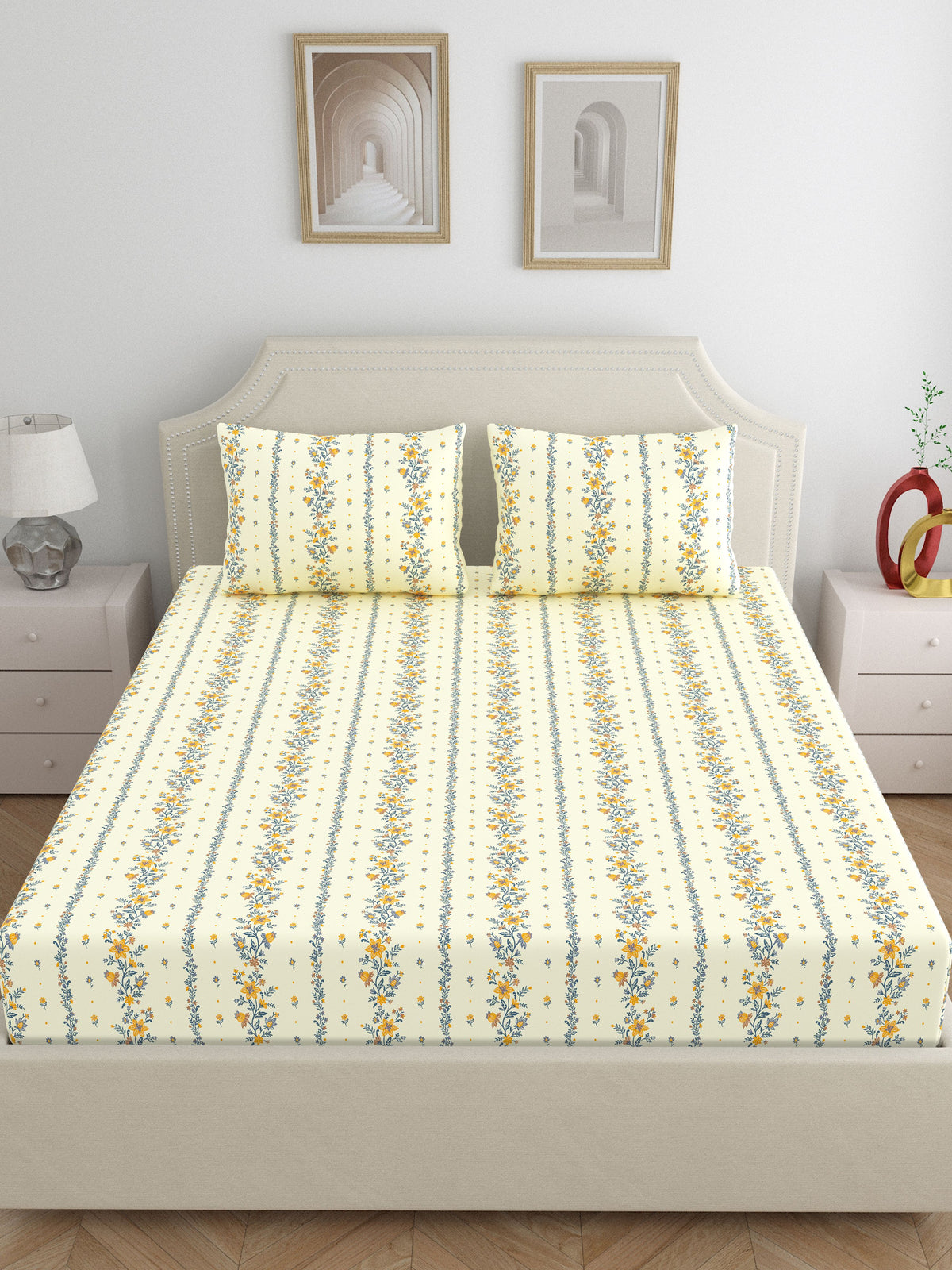 Dreamscape 100% Cotton 140 TC Floral Bedsheet Set - Colour: Yellow