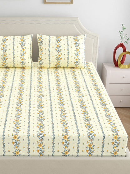 Dreamscape 100% Cotton 140 TC Floral Bedsheet Set - Colour: Yellow