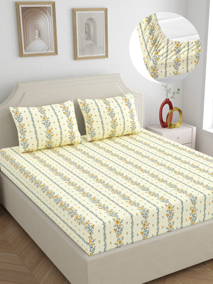 Dreamscape 100% Cotton 140 TC Floral Bedsheet Set - Colour: Yellow