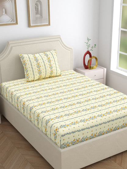 Dreamscape 100% Cotton 140 TC Floral Bedsheet Set - Colour: Yellow