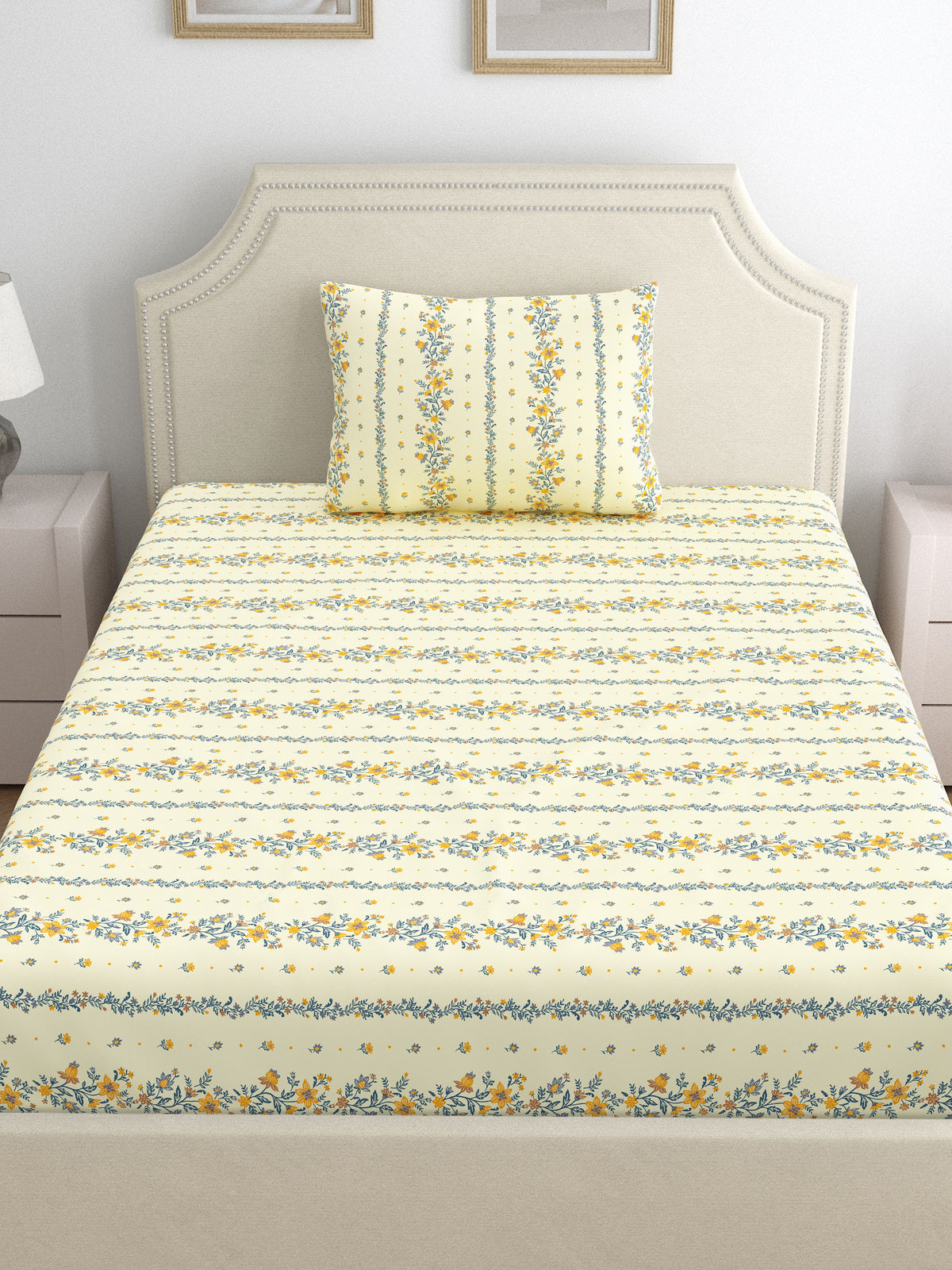 Dreamscape 100% Cotton 140 TC Floral Bedsheet Set - Colour: Yellow