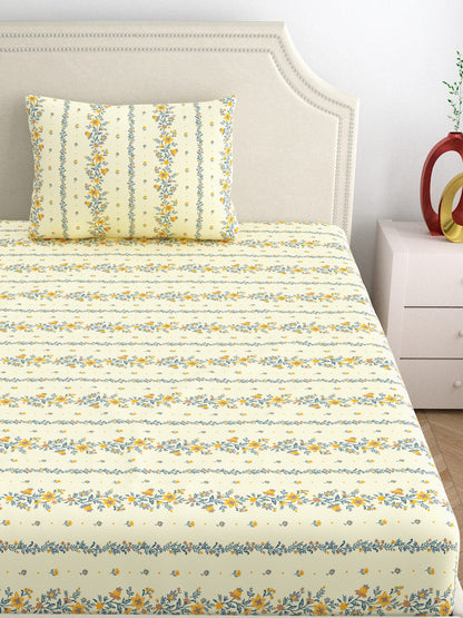 Dreamscape 100% Cotton 140 TC Floral Bedsheet Set - Colour: Yellow