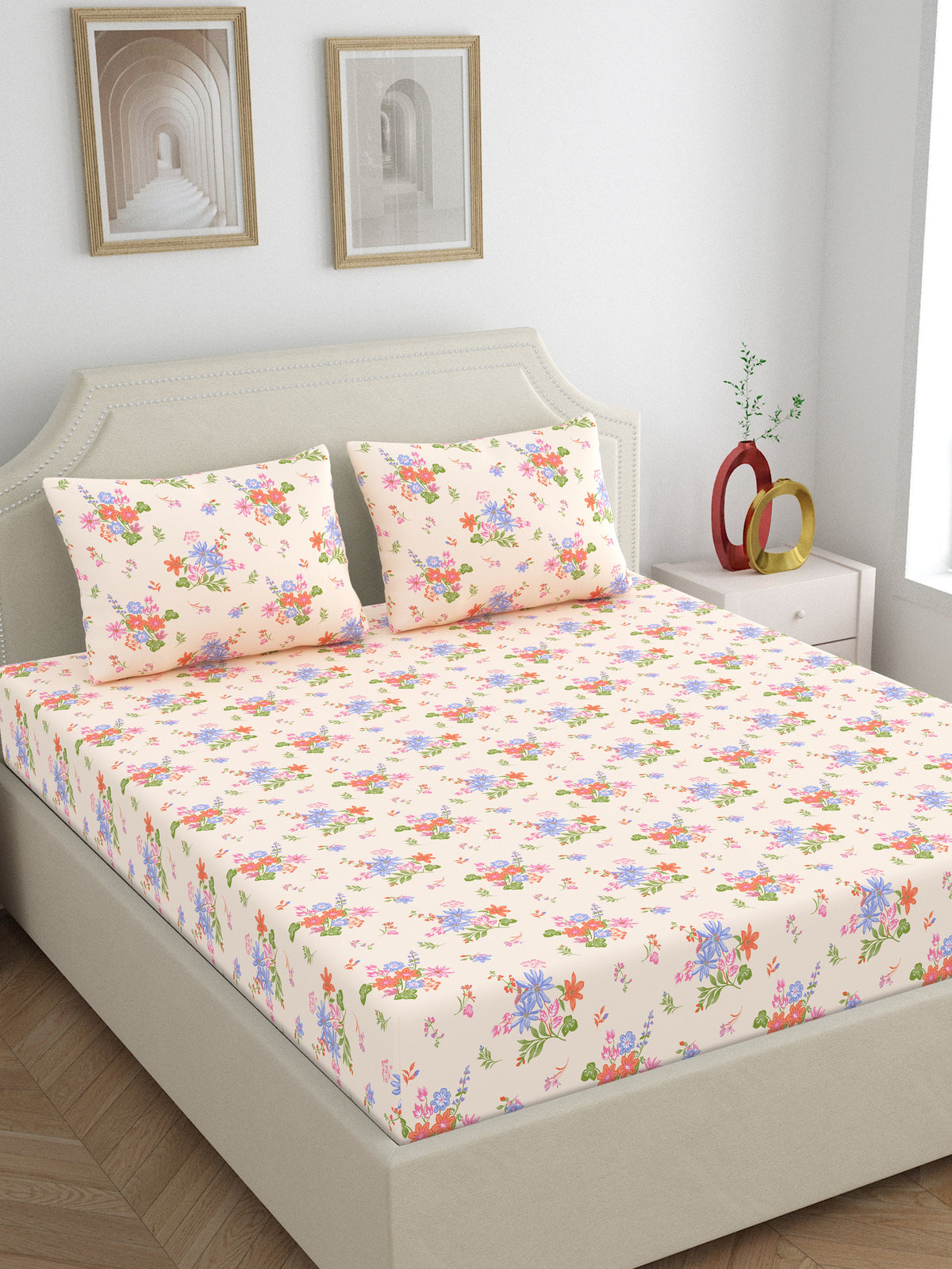 Dreamscape 100% Cotton 140 TC Floral Bedsheet Set - Colour: Pink