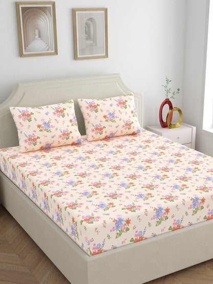 Dreamscape 100% Cotton 140 TC Floral Bedsheet Set - Colour: Pink