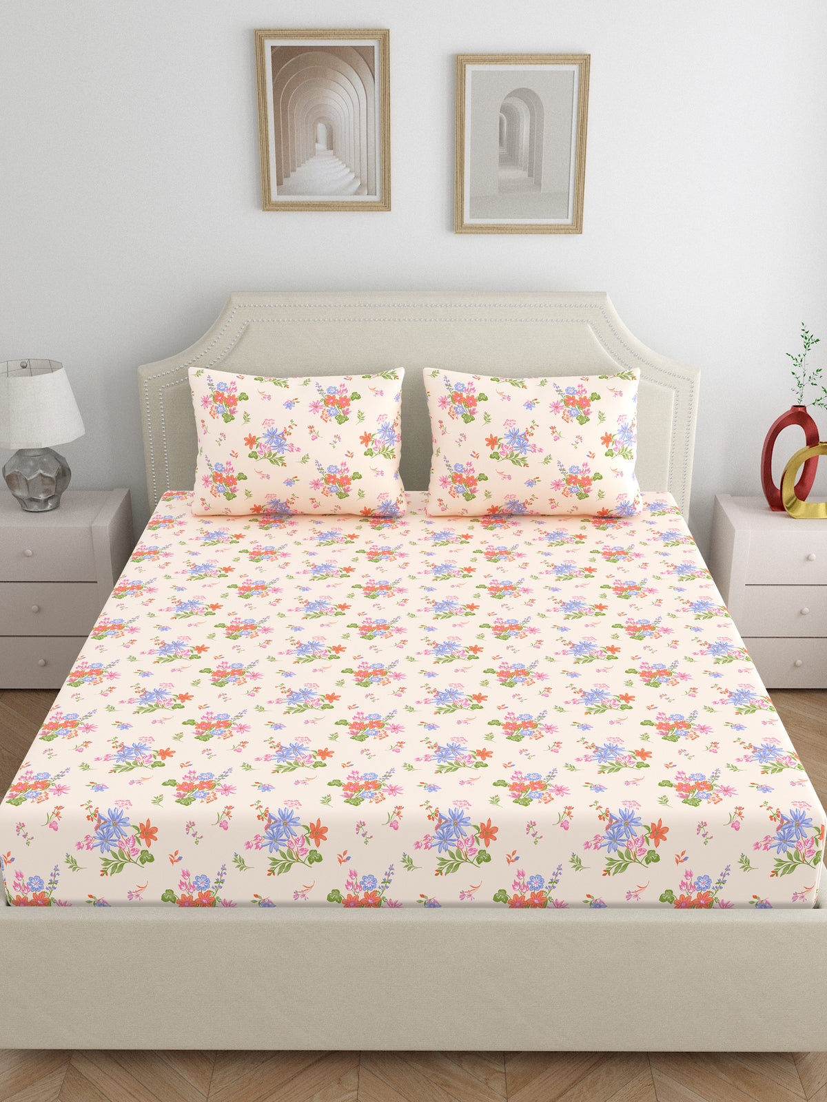 Dreamscape 100% Cotton 140 TC Floral Bedsheet Set - Colour: Pink