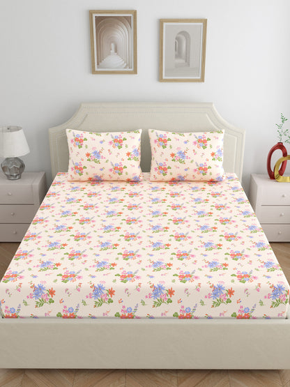 Dreamscape 100% Cotton 140 TC Floral Bedsheet Set - Colour: Pink