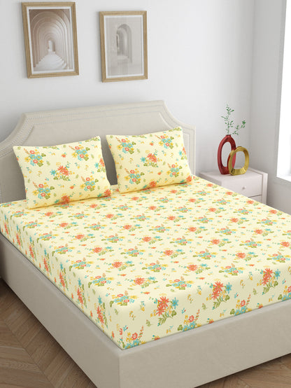 Dreamscape 100% Cotton 140 TC Floral Bedsheet Set - Colour: Cream