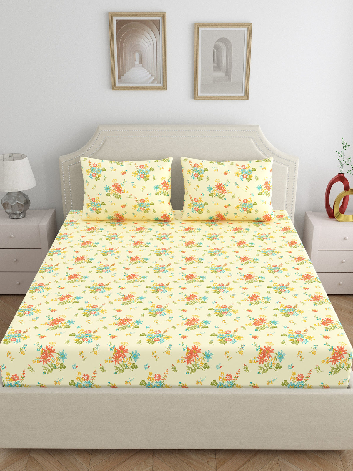Dreamscape 100% Cotton 140 TC Floral Bedsheet Set - Colour: Cream