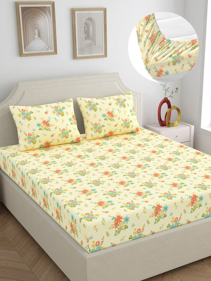 Dreamscape 100% Cotton 140 TC Floral Bedsheet Set - Colour: Cream