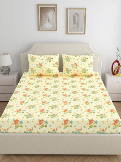 Dreamscape 100% Cotton 140 TC Floral Bedsheet Set - Colour: Cream