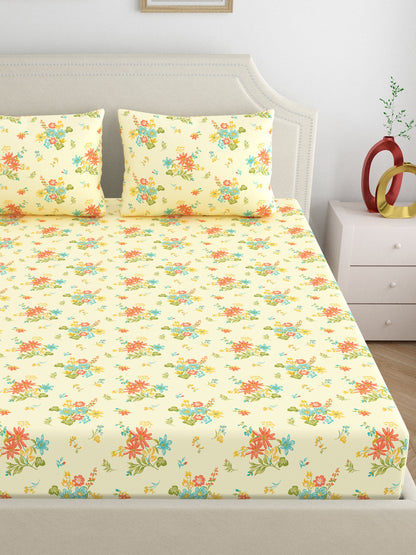Dreamscape 100% Cotton 140 TC Floral Bedsheet Set - Colour: Cream