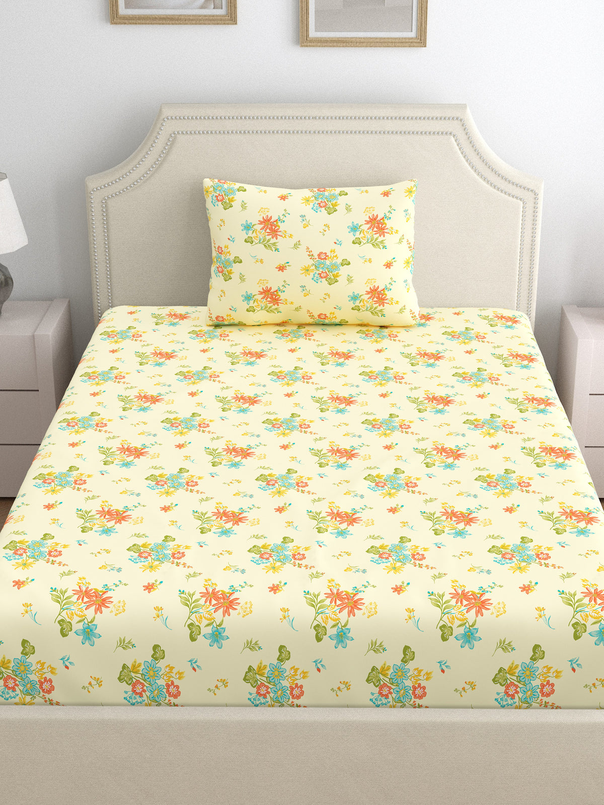 Dreamscape 100% Cotton 140 TC Floral Bedsheet Set - Colour: Cream