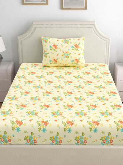 Dreamscape 100% Cotton 140 TC Floral Bedsheet Set - Colour: Cream