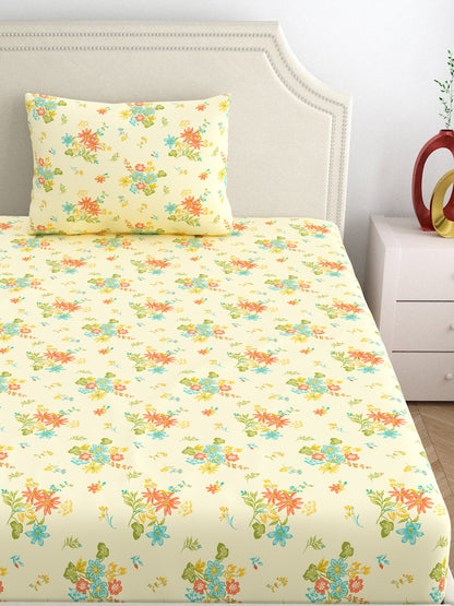 Dreamscape 100% Cotton 140 TC Floral Bedsheet Set - Colour: Cream