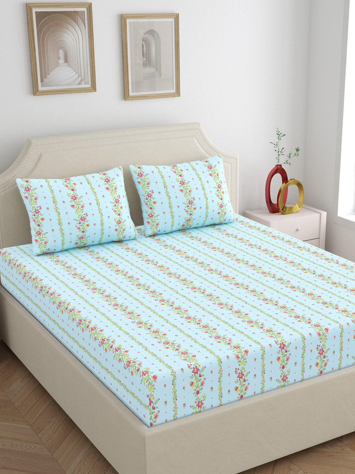 Dreamscape 100% Cotton 140 TC Floral Bedsheet Set - Colour: Light Blue