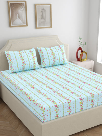 Dreamscape 100% Cotton 140 TC Floral Bedsheet Set - Colour: Light Blue