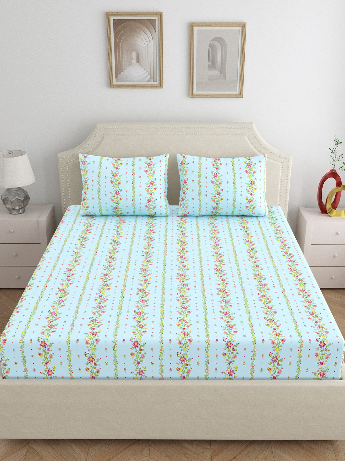 Dreamscape 100% Cotton 140 TC Floral Bedsheet Set - Colour: Light Blue