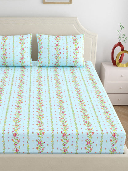 Dreamscape 100% Cotton 140 TC Floral Bedsheet Set - Colour: Light Blue