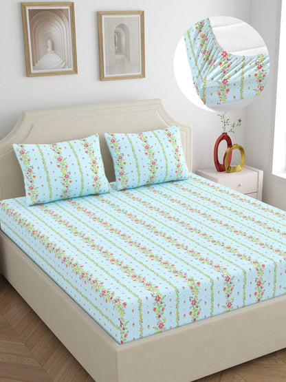 Dreamscape 100% Cotton 140 TC Floral Bedsheet Set - Colour: Light Blue