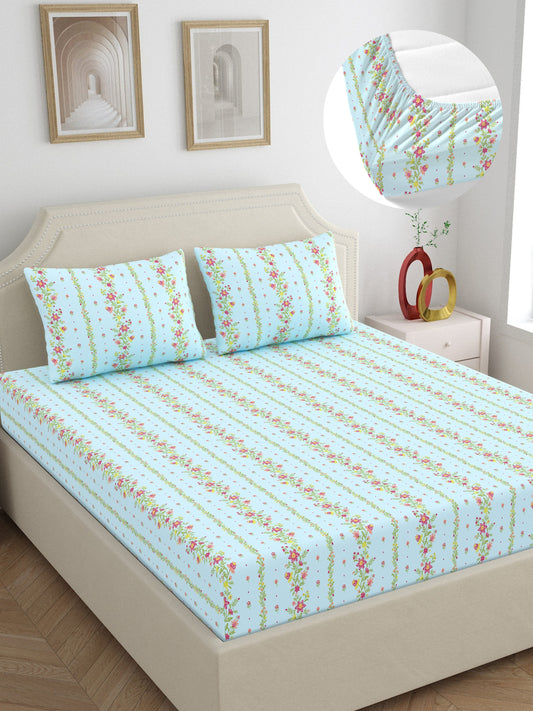 Dreamscape 100% Cotton 140 TC Floral Bedsheet Set - Colour: Light Blue