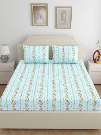 Dreamscape 100% Cotton 140 TC Floral Bedsheet Set - Colour: Light Blue