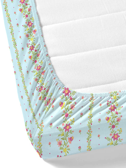 Dreamscape 100% Cotton 140 TC Floral Bedsheet Set - Colour: Light Blue