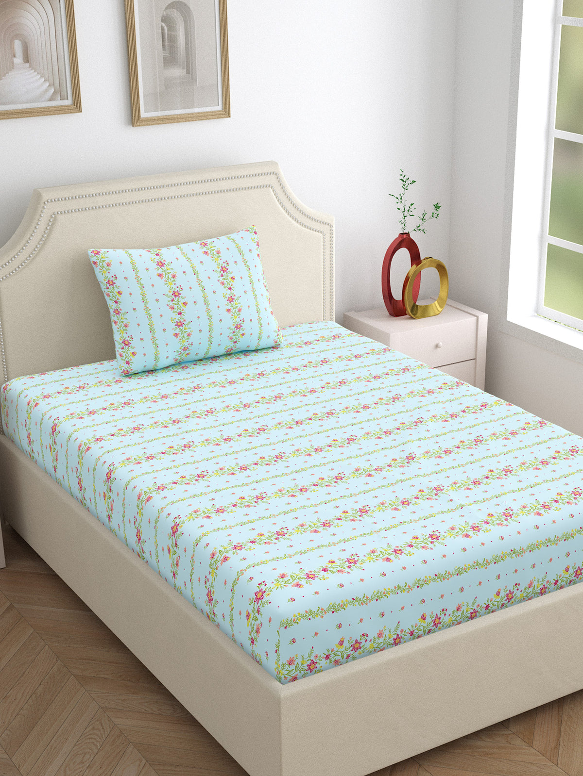 Dreamscape 100% Cotton 140 TC Floral Bedsheet Set - Colour: Light Blue