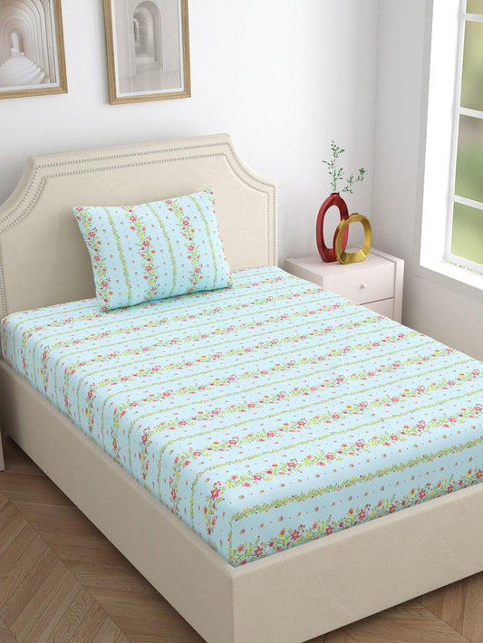 Dreamscape 100% Cotton 140 TC Floral Bedsheet Set - Colour: Light Blue