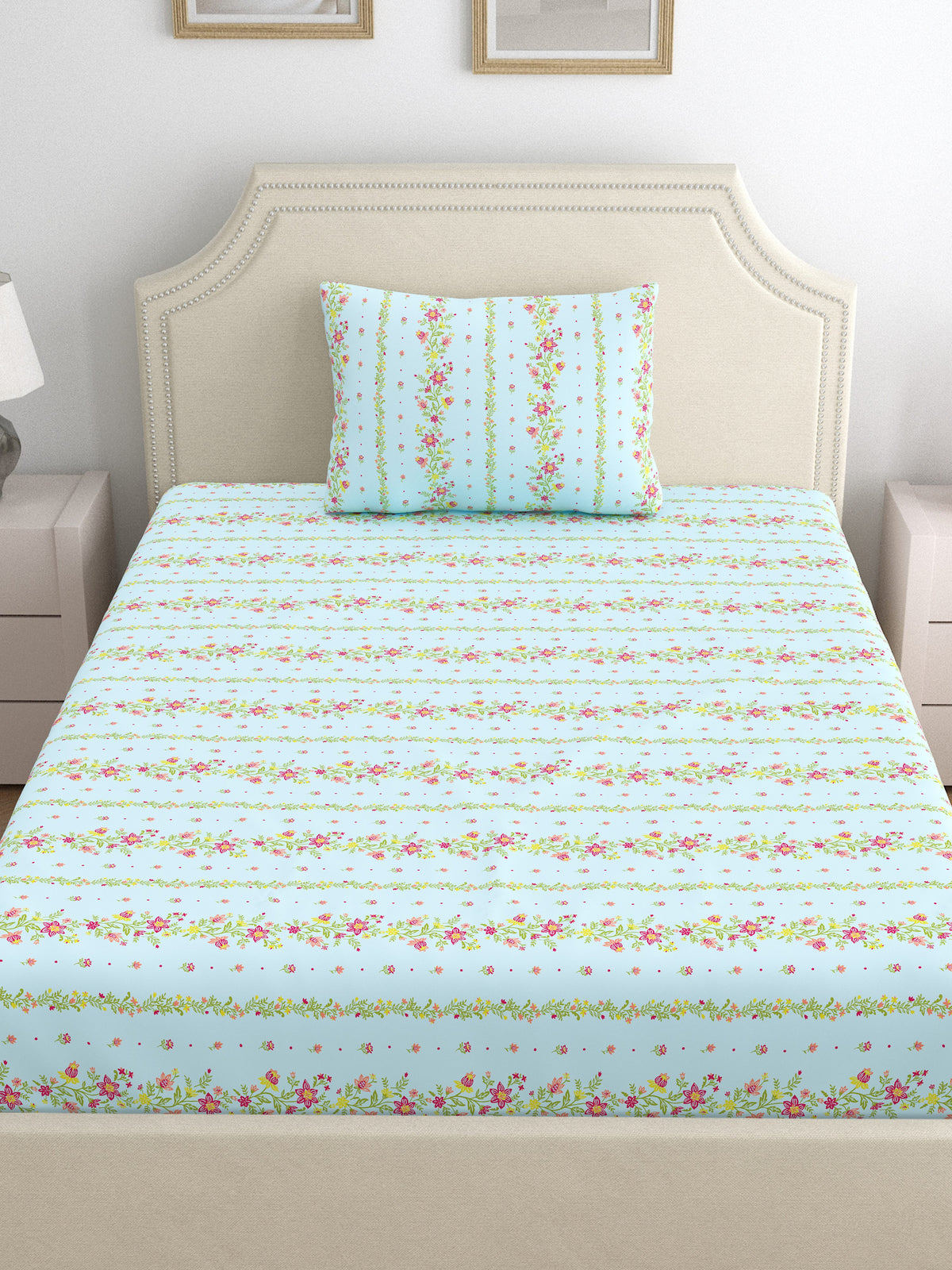 Dreamscape 100% Cotton 140 TC Floral Bedsheet Set - Colour: Light Blue