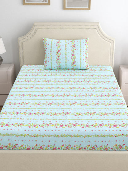 Dreamscape 100% Cotton 140 TC Floral Bedsheet Set - Colour: Light Blue