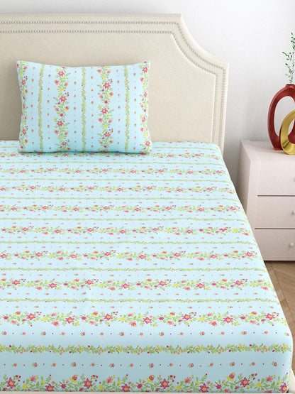 Dreamscape 100% Cotton 140 TC Floral Bedsheet Set - Colour: Light Blue