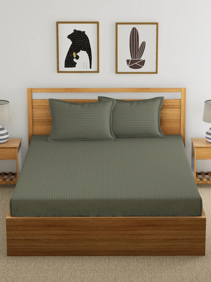 Dreamscape 100% Cotton Stripe Bedsheet Set | 300 TC | Dark Grey