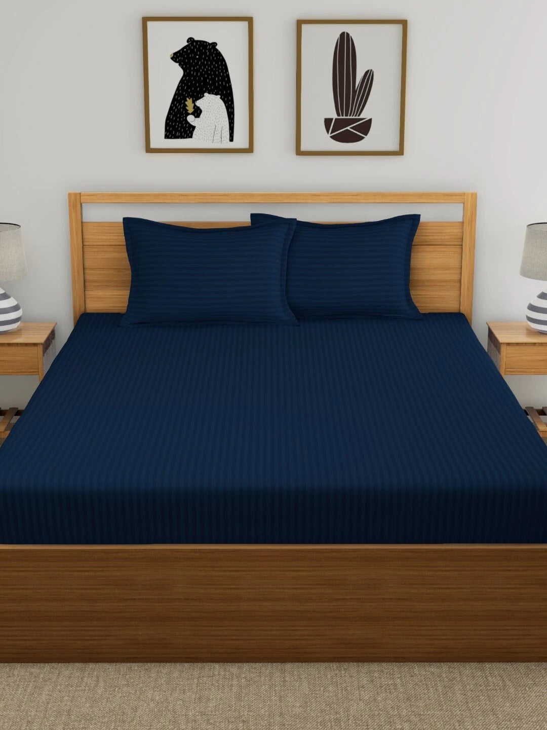Dreamscape 100% Cotton Stripe Bedsheet Set | 300 TC | Navy Blue