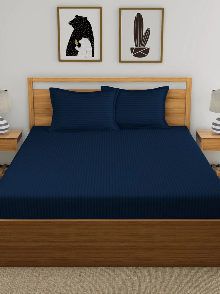 Dreamscape 100% Cotton Stripe Bedsheet Set | 300 TC | Navy Blue