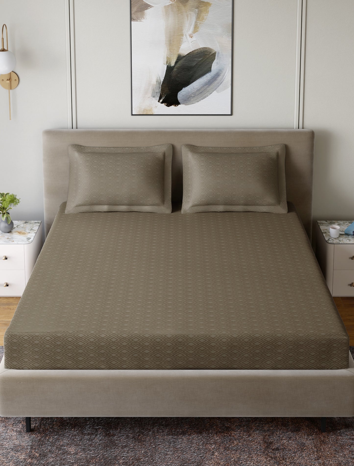 Home Ecstasy 100% Cotton 300 TC Jacquard Bedsheet Set - Truffle Brown
