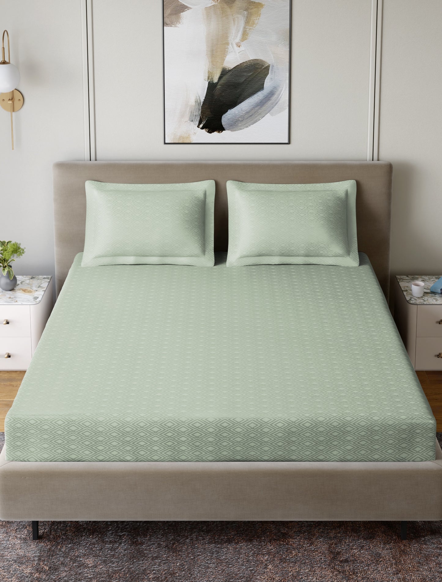 Home Ecstasy 100% Cotton 300 TC Jacquard Bedsheet Set - Pistachio Green