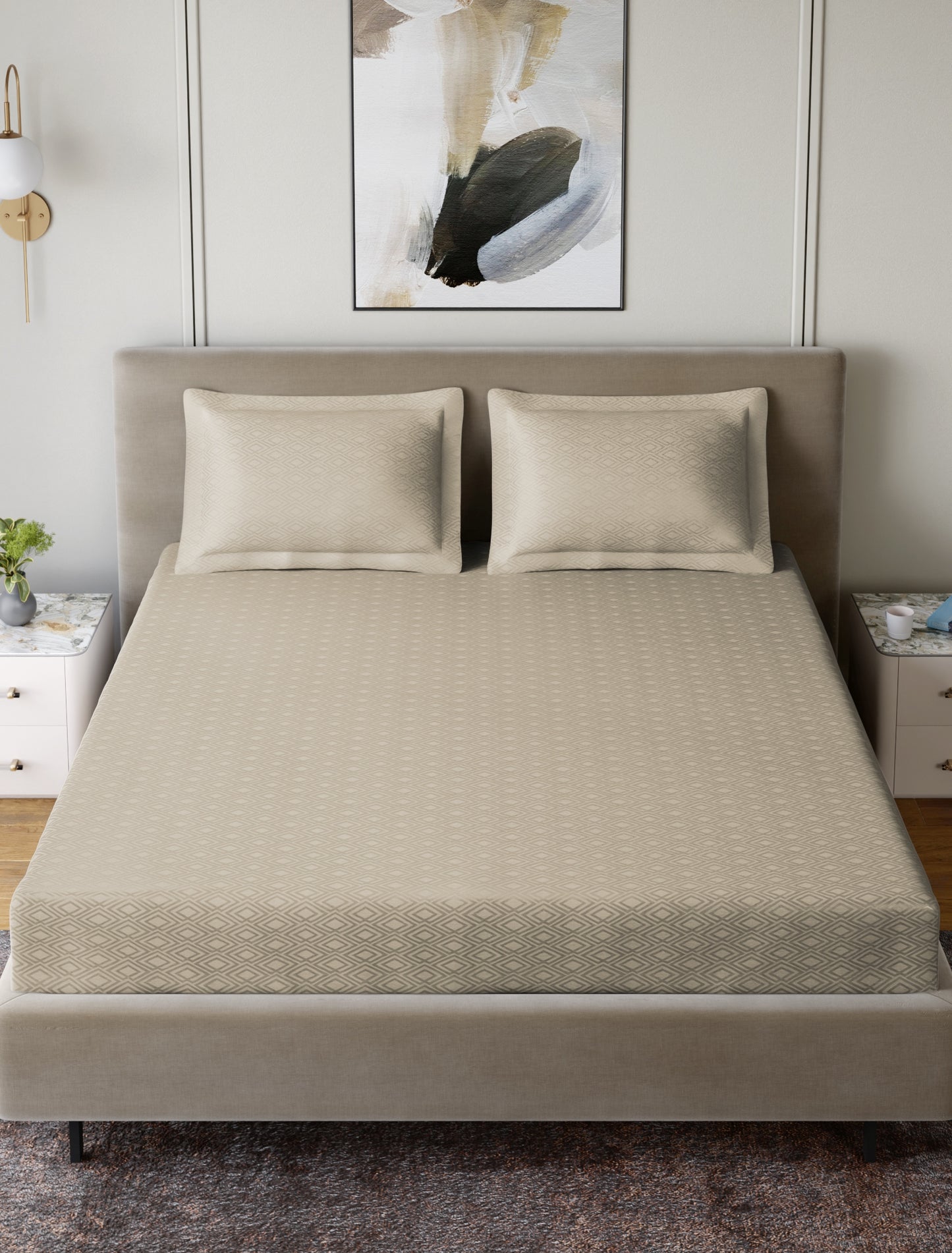 Home Ecstasy 100% Cotton 300 TC Jacquard Bedsheet Set - Beige Taupe