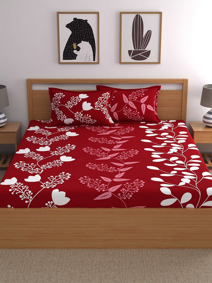 Home Ecstasy 100% Cotton Floral Bedsheet Set | 140 TC | Red