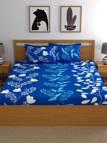 Home Ecstasy 100% Cotton Floral Bedsheet Set | 140 TC | Blue