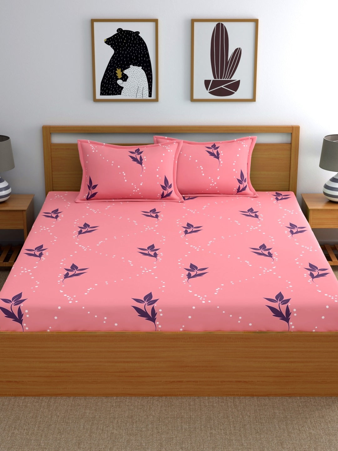 Home Ecstasy 100% Cotton Floral Bedsheet Set | 140 TC | Light Pink